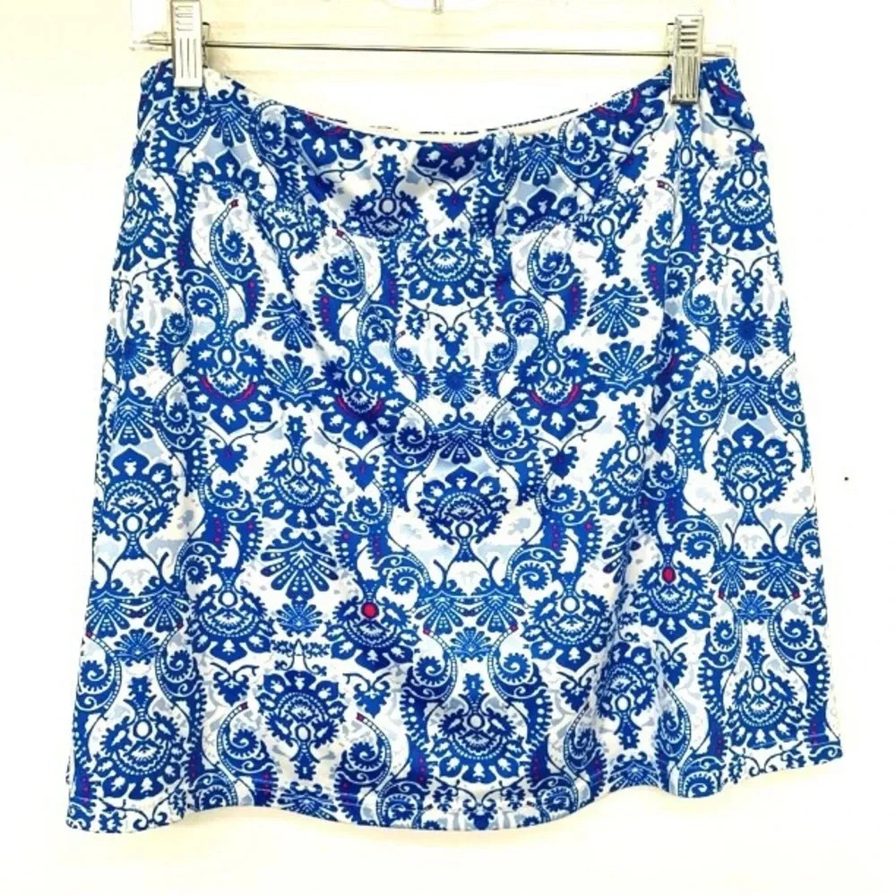 Ekouaer Skort Skirt XL Pull On Blue White Print Elastic Waist Tennis Pickelball